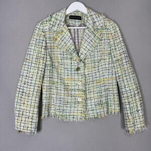 Louise Kennedy Lady Jacket Womens 12 Green Plaid Tweed Fringe Blazer Made Italy